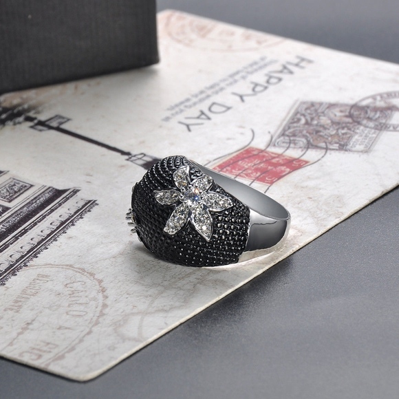 Cluster CZ Flower Black Beaded Silver Fashion Ring - Picture 2 of 5
